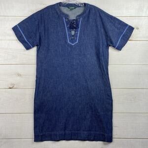 LRL Ralph Lauren Dress Womens 10 Dark Wash Jean Embroidered Lace Up Denim Shift